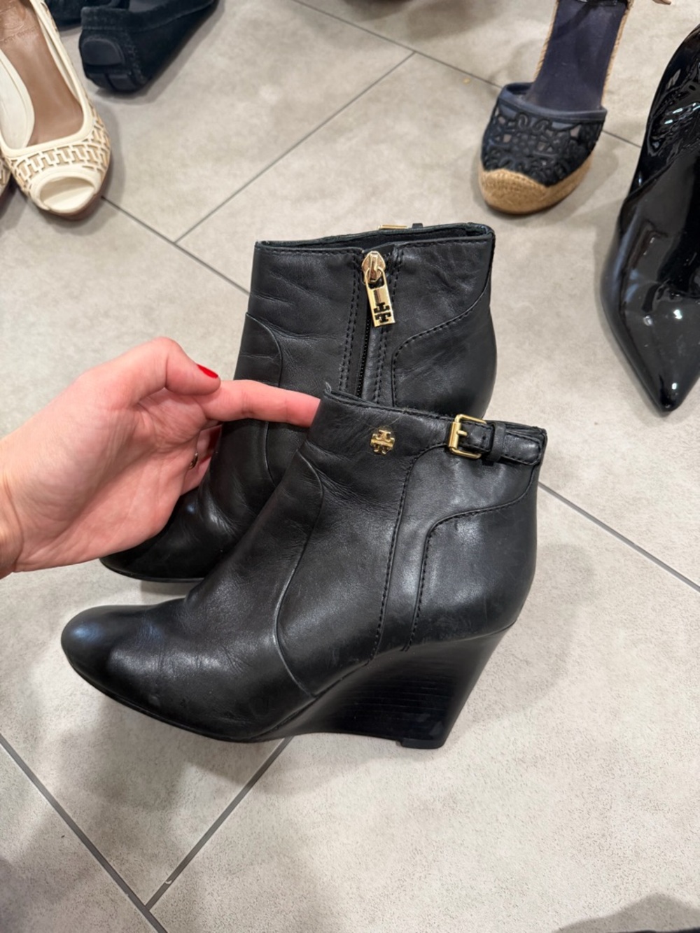 Tory Burch Black Leather Wedge Ankle Booties with Gold Hardware